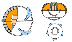 ОАБ с готовыми осколками (слева) и с насечками (справа).      Корпус      Заряд ВВ      Взрыватель      стальные шарики      стабтилизатор      Прилив