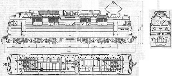 Основные размеры электровоза ВЛ60 (на рисунке изображён электровоз 1963 года выпуска)